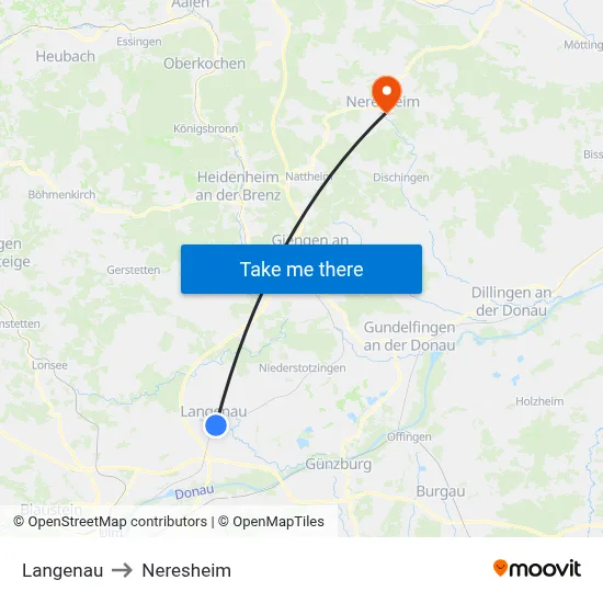 Langenau to Neresheim map