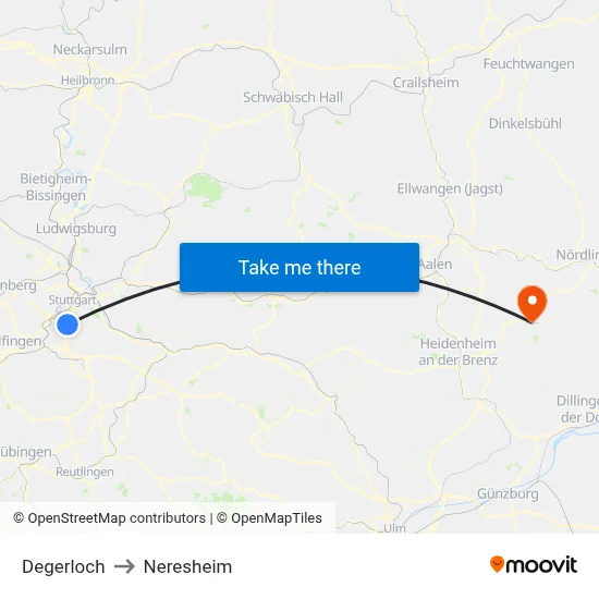 Degerloch to Neresheim map
