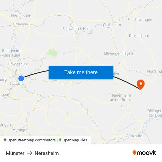 Münster to Neresheim map