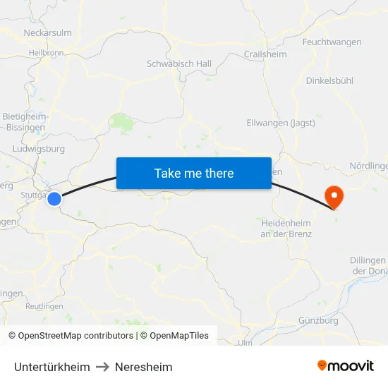 Untertürkheim to Neresheim map