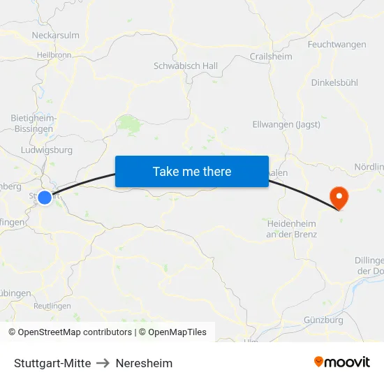 Stuttgart-Mitte to Neresheim map