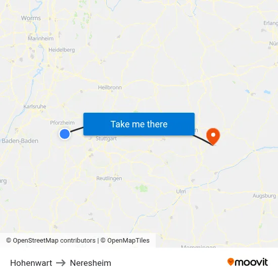 Hohenwart to Neresheim map