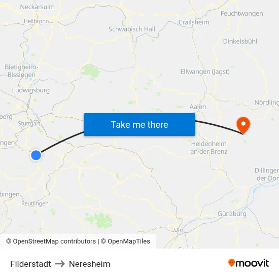 Filderstadt to Neresheim map