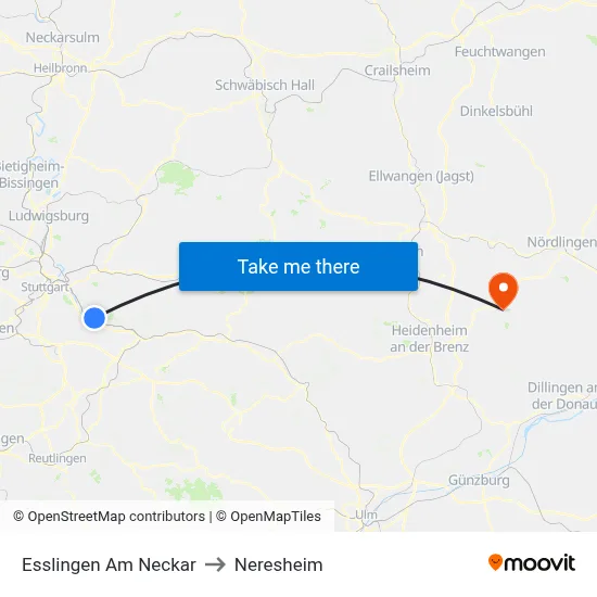 Esslingen Am Neckar to Neresheim map