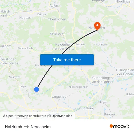 Holzkirch to Neresheim map