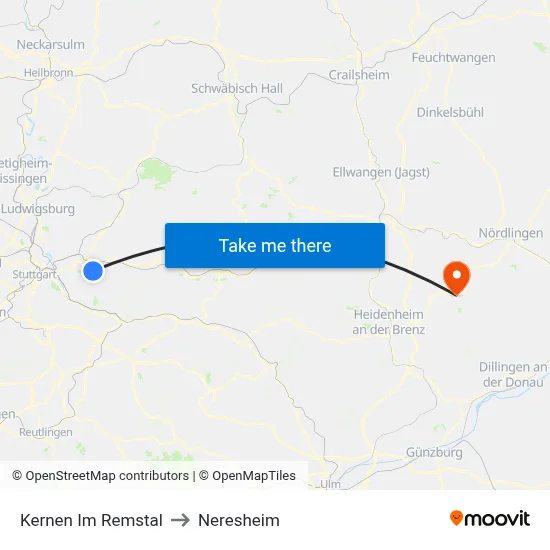 Kernen Im Remstal to Neresheim map