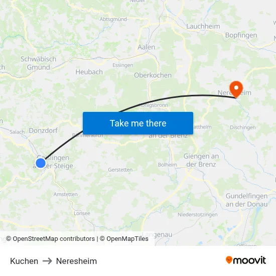 Kuchen to Neresheim map