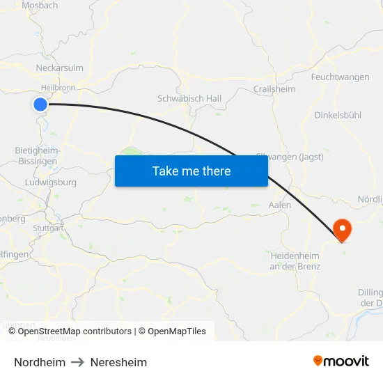 Nordheim to Neresheim map