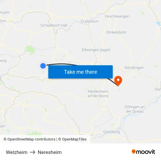 Welzheim to Neresheim map