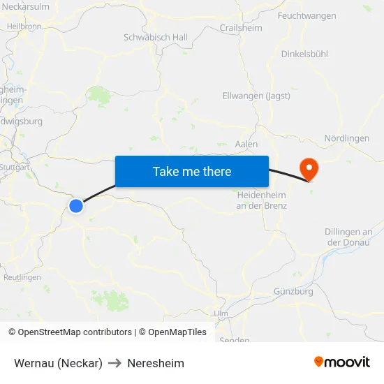 Wernau (Neckar) to Neresheim map