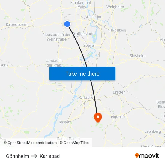 Gönnheim to Karlsbad map