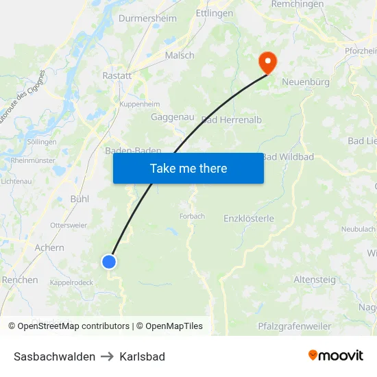 Sasbachwalden to Karlsbad map