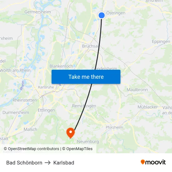 Bad Schönborn to Karlsbad map