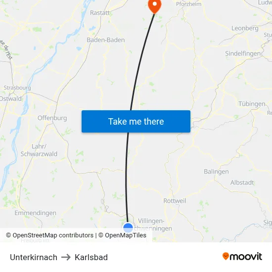 Unterkirnach to Karlsbad map