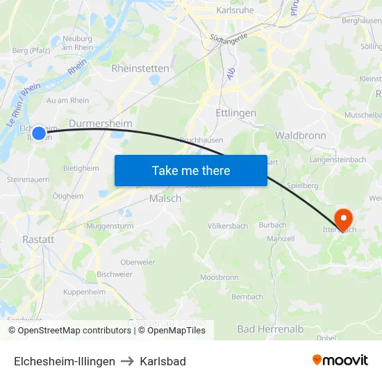 Elchesheim-Illingen to Karlsbad map