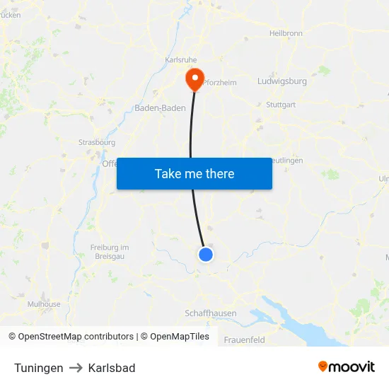 Tuningen to Karlsbad map