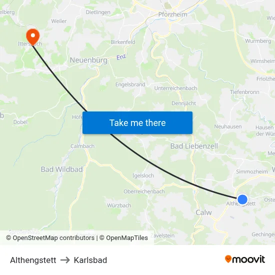 Althengstett to Karlsbad map