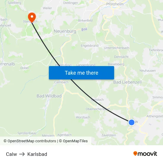 Calw to Karlsbad map