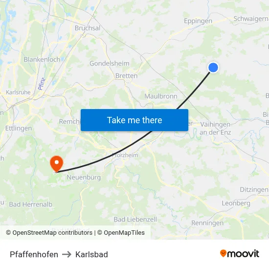 Pfaffenhofen to Karlsbad map