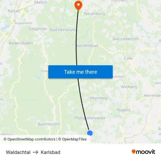 Waldachtal to Karlsbad map