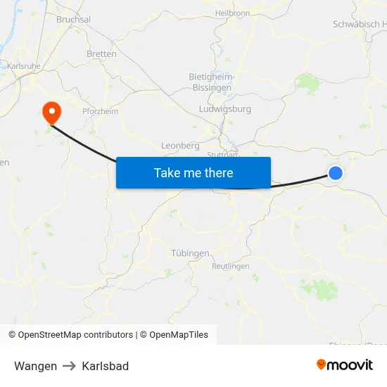 Wangen to Karlsbad map