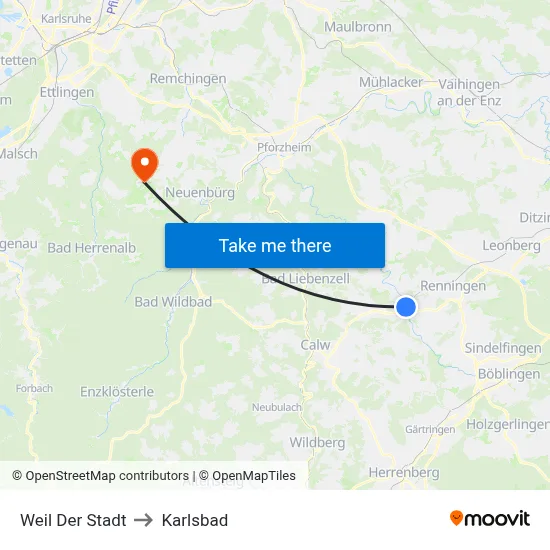 Weil Der Stadt to Karlsbad map