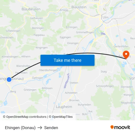 Ehingen (Donau) to Senden map