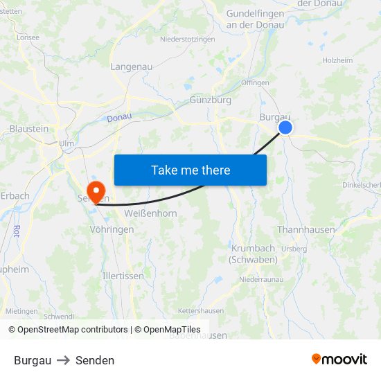 Burgau to Senden map