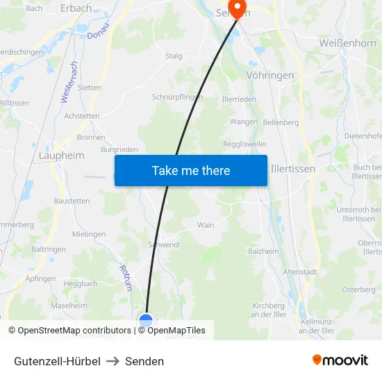 Gutenzell-Hürbel to Senden map