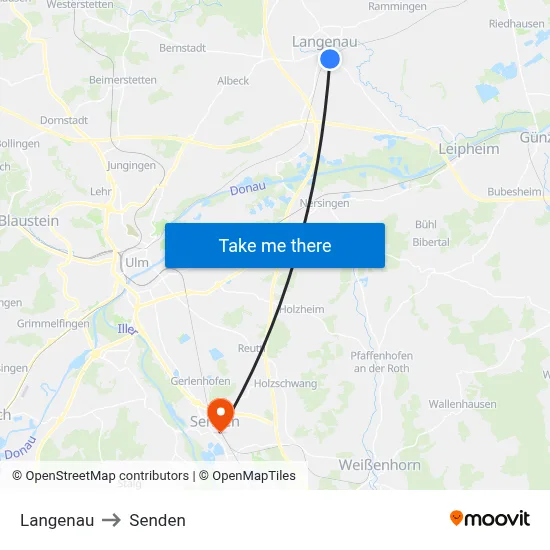 Langenau to Senden map