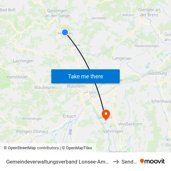 Gemeindeverwaltungsverband Lonsee-Amstetten to Senden map