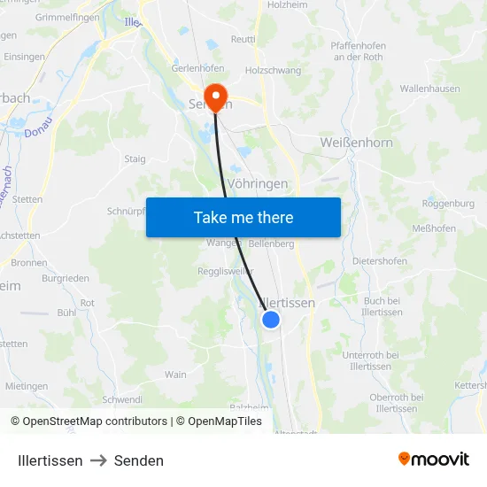 Illertissen to Senden map