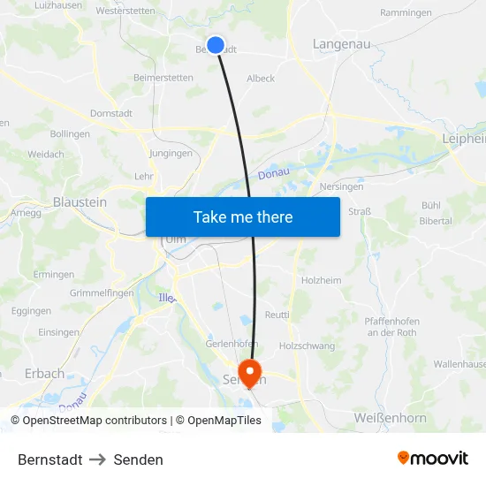 Bernstadt to Senden map