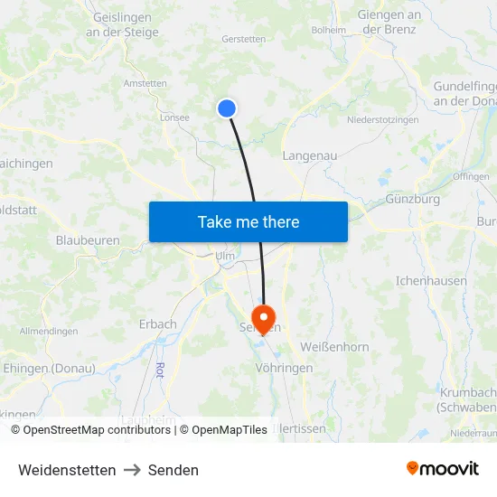 Weidenstetten to Senden map