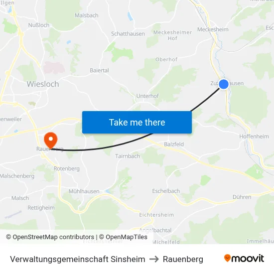 Verwaltungsgemeinschaft Sinsheim to Rauenberg map