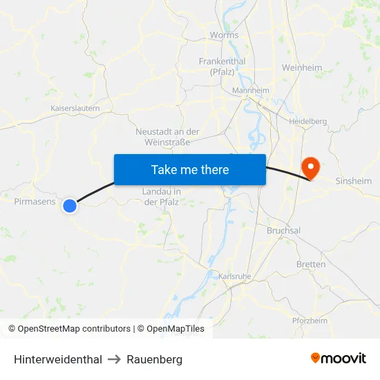 Hinterweidenthal to Rauenberg map