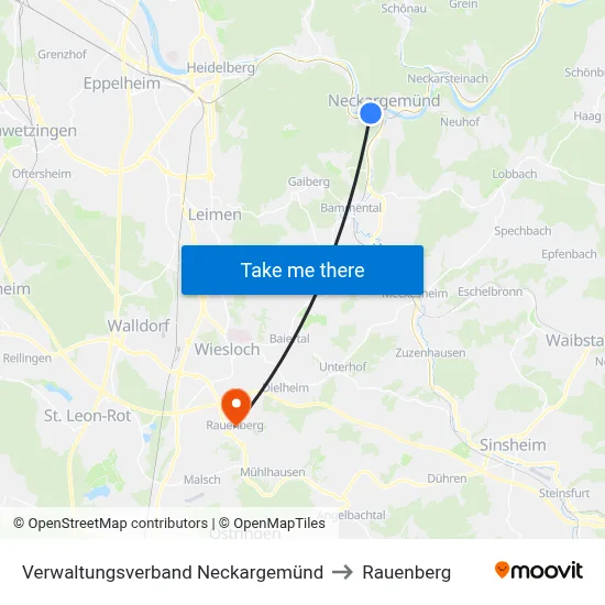 Verwaltungsverband Neckargemünd to Rauenberg map