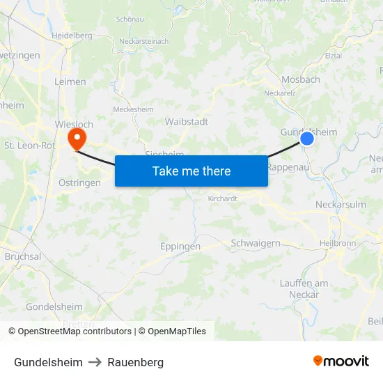 Gundelsheim to Rauenberg map