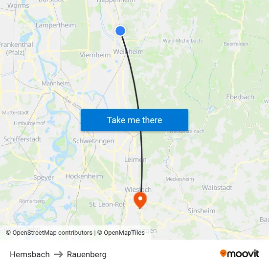 Hemsbach to Rauenberg map