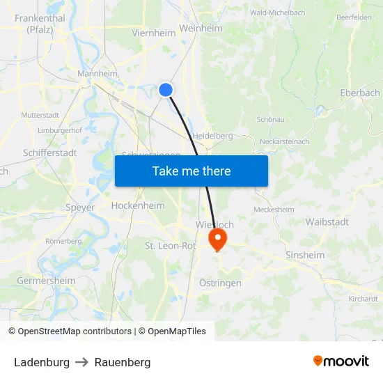 Ladenburg to Rauenberg map