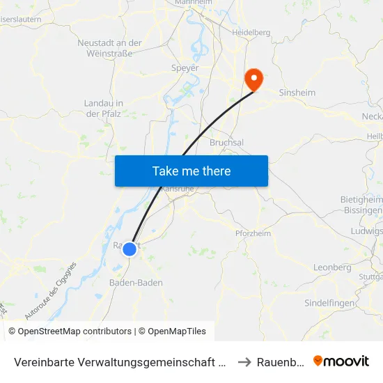 Vereinbarte Verwaltungsgemeinschaft Rastatt to Rauenberg map
