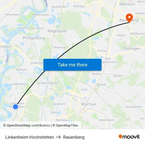 Linkenheim-Hochstetten to Rauenberg map
