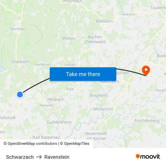 Schwarzach to Ravenstein map