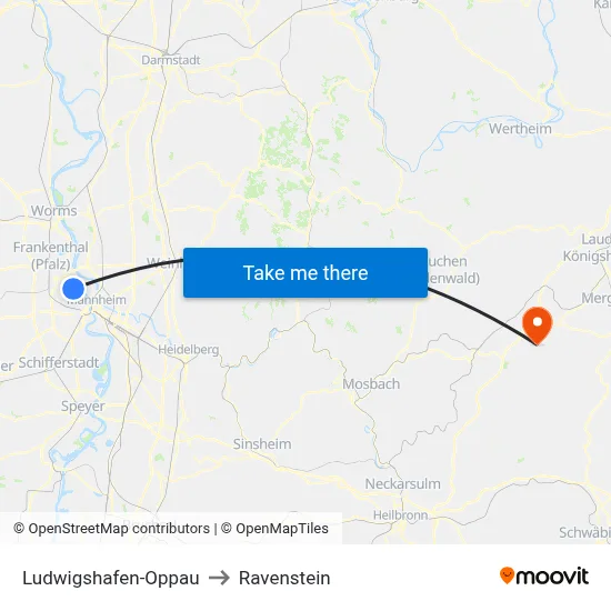 Ludwigshafen-Oppau to Ravenstein map