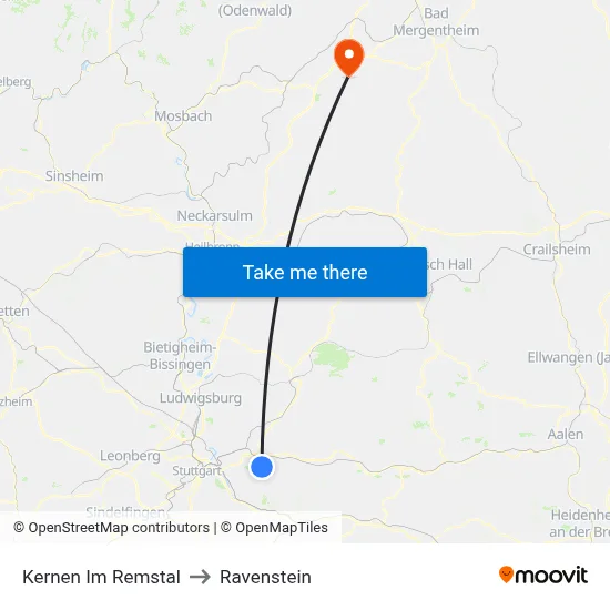 Kernen Im Remstal to Ravenstein map