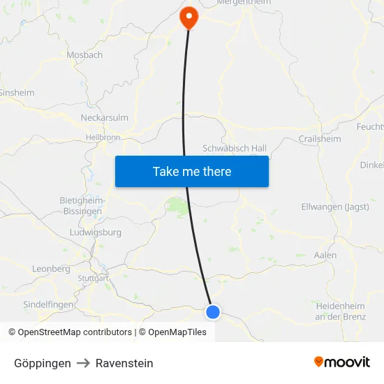 Göppingen to Ravenstein map