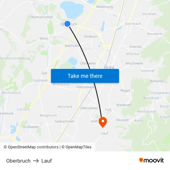 Oberbruch to Lauf map