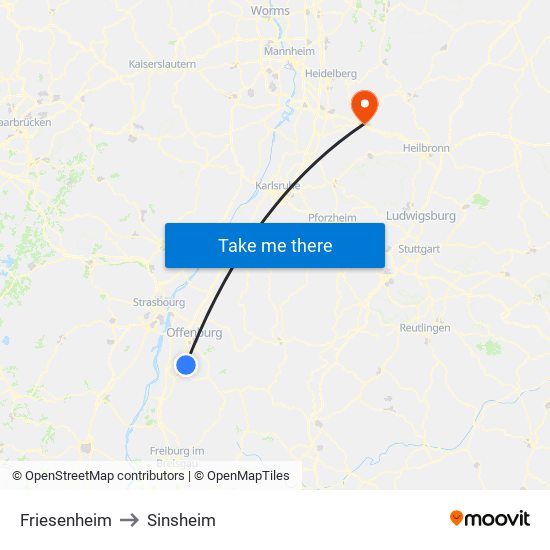 Friesenheim to Sinsheim map