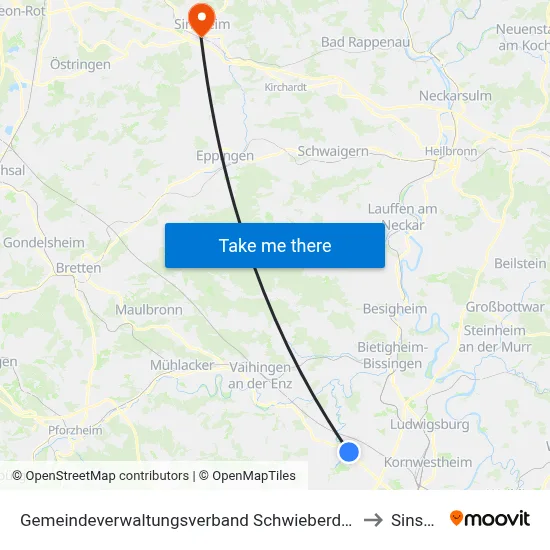 Gemeindeverwaltungsverband Schwieberdingen-Hemmingen to Sinsheim map