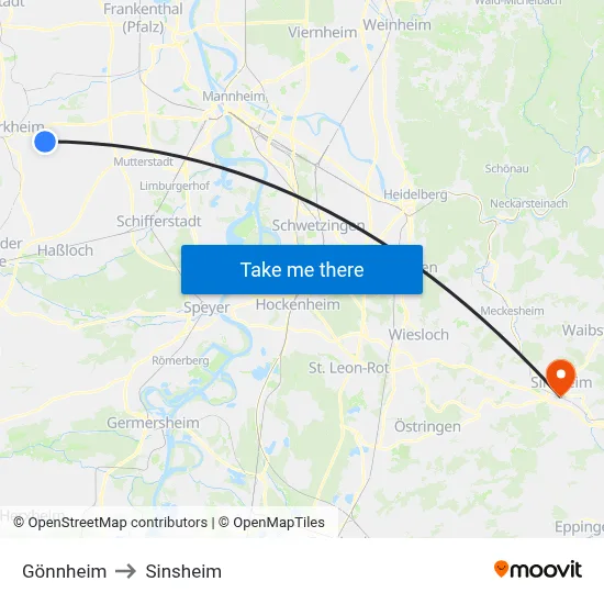 Gönnheim to Sinsheim map